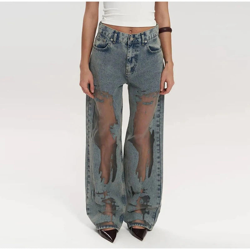 Women's Distressed Ripped Grunge Denim Jeans Gothic Dark High Waist Straight Leg Baggy Pants Trendy Hip Hop Streetwear Trousers