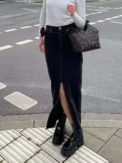 MiuKoMiYa Long Denim Skirts For Women Maxi Spring 2025 Black Front Slit Jean Skirts Womens Long Streetwear Blue Skirt Denim Maxi