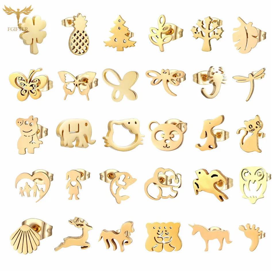 Wholesale Stainless Steel Earrings for Women Girl Animal Clover Flower Cat Bird Unicorn Bear Butterfly Dragonfly Dog Ear Studs
