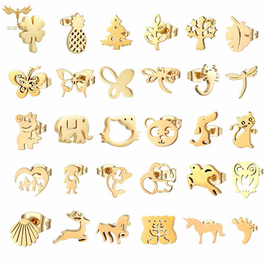 Wholesale Stainless Steel Earrings for Women Girl Animal Clover Flower Cat Bird Unicorn Bear Butterfly Dragonfly Dog Ear Studs