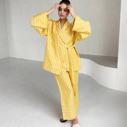 Women's Dress Sets Autumn New Striped Long-sleeved Loose Lace-up Top High-waisted Trousers Fashion Casual Suit for Women