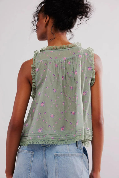 Women Sexy Crop Tops Sleeveless Boho Free Style Tank Tops Splice Lace Hippie Tops Button Down Summer Caimis Tee Top Female Cloth