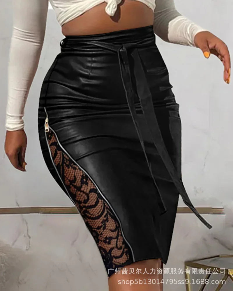 Skirts for Women New Sexy Split Lace Splice Slim Fit Lace Strap Half Fit Leather Skirt Women