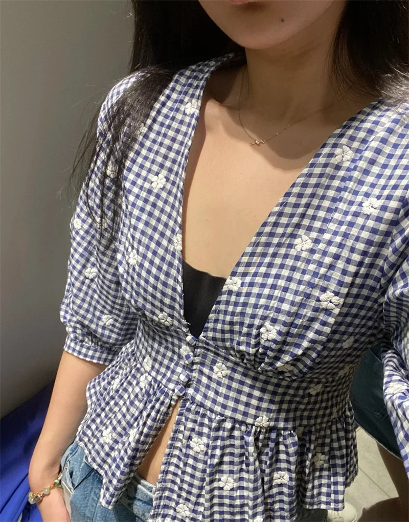 Women's Tops New Summer 2025 Small Check Tops Embroidered Trims Sexy Deep V-Neck Casual Fashion Versatile Personality