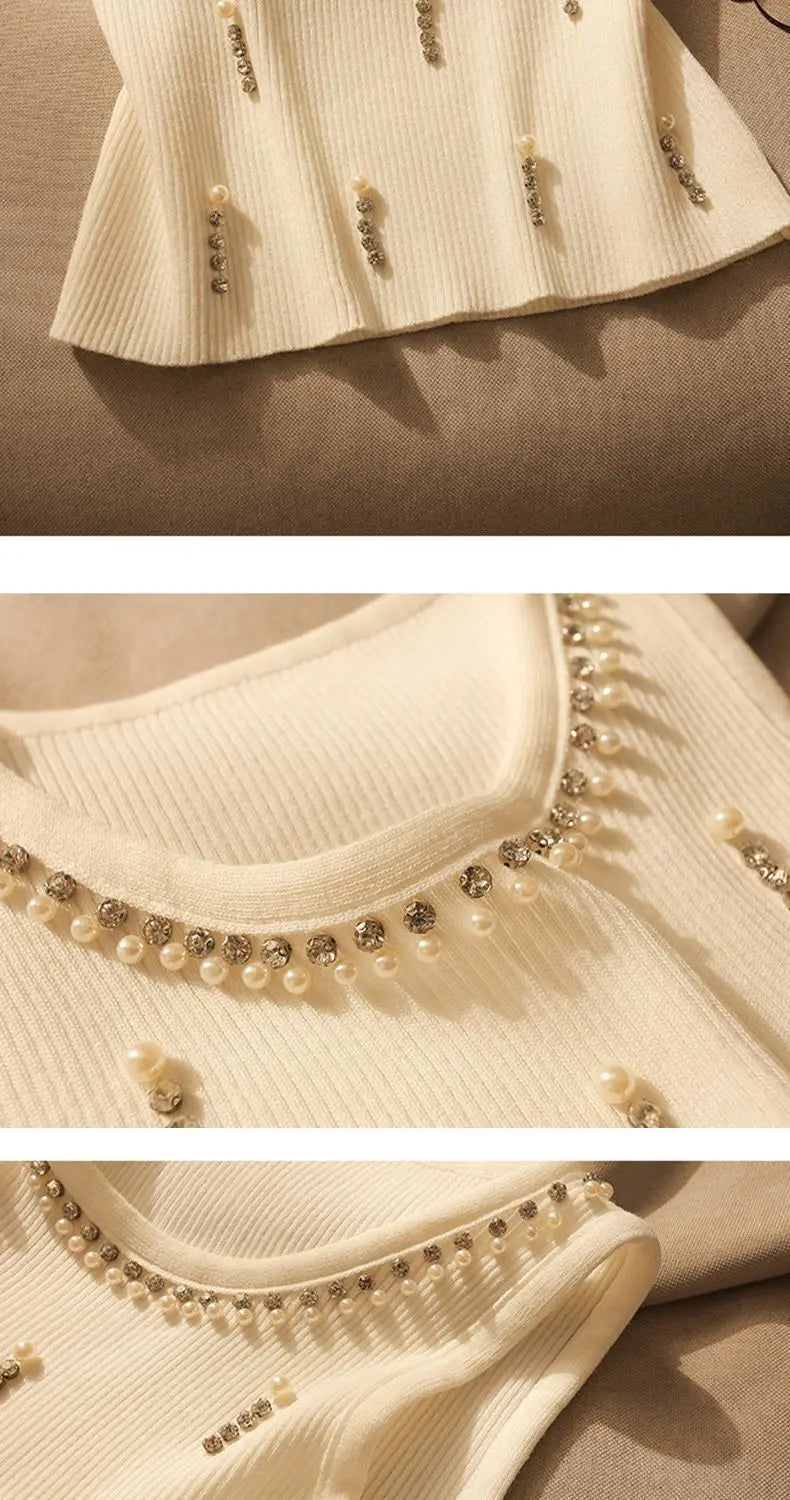 2025 New Women Vest Top Design Heavy Beads Diamonds Slim Vest Coat New Ice Silk Knitted Camisole Undershirt Women's Tops Summer