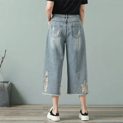 Ripped Jeans Woman Calf-Length Pants Women's Wide Legs Loose Thin Summer Retro Denim High Waist Baggy Korean Fashion Clothes New