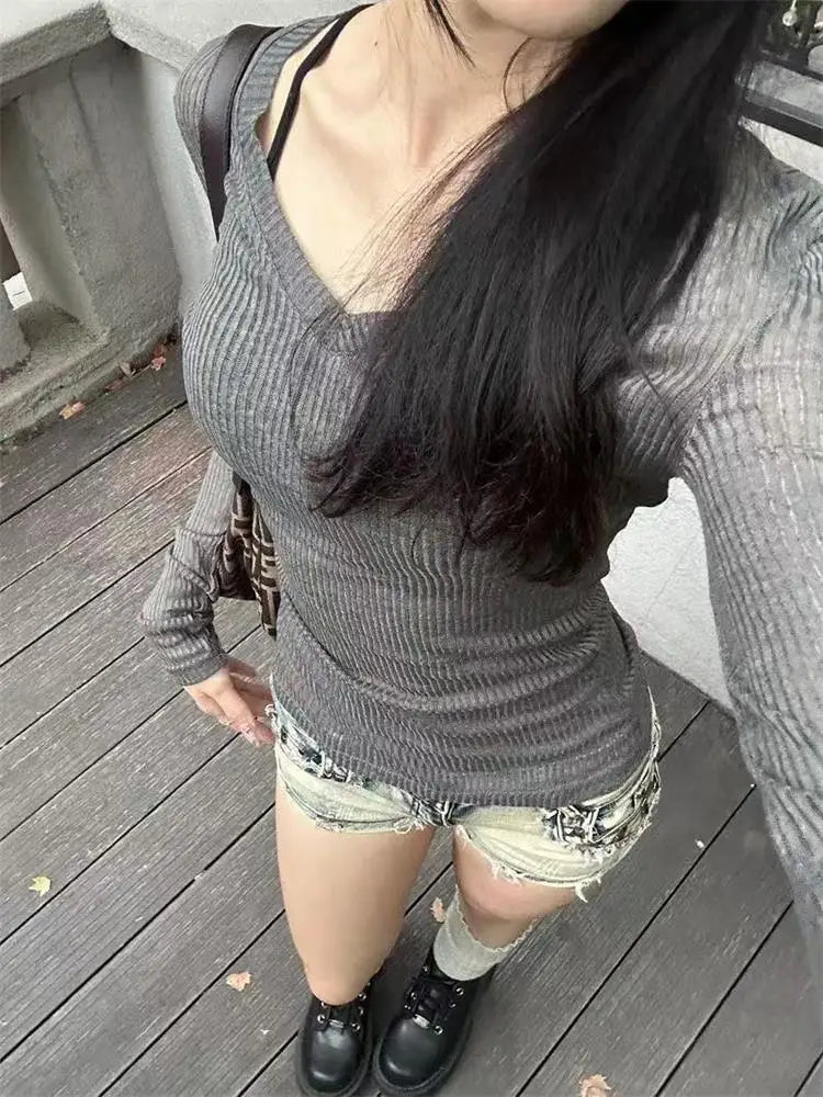 Summer Tops for Woman Elastic Basic T-shirts Female Casual Tops Long Sleeve Sexy Thin T-shirt See Through Y2k Clothing