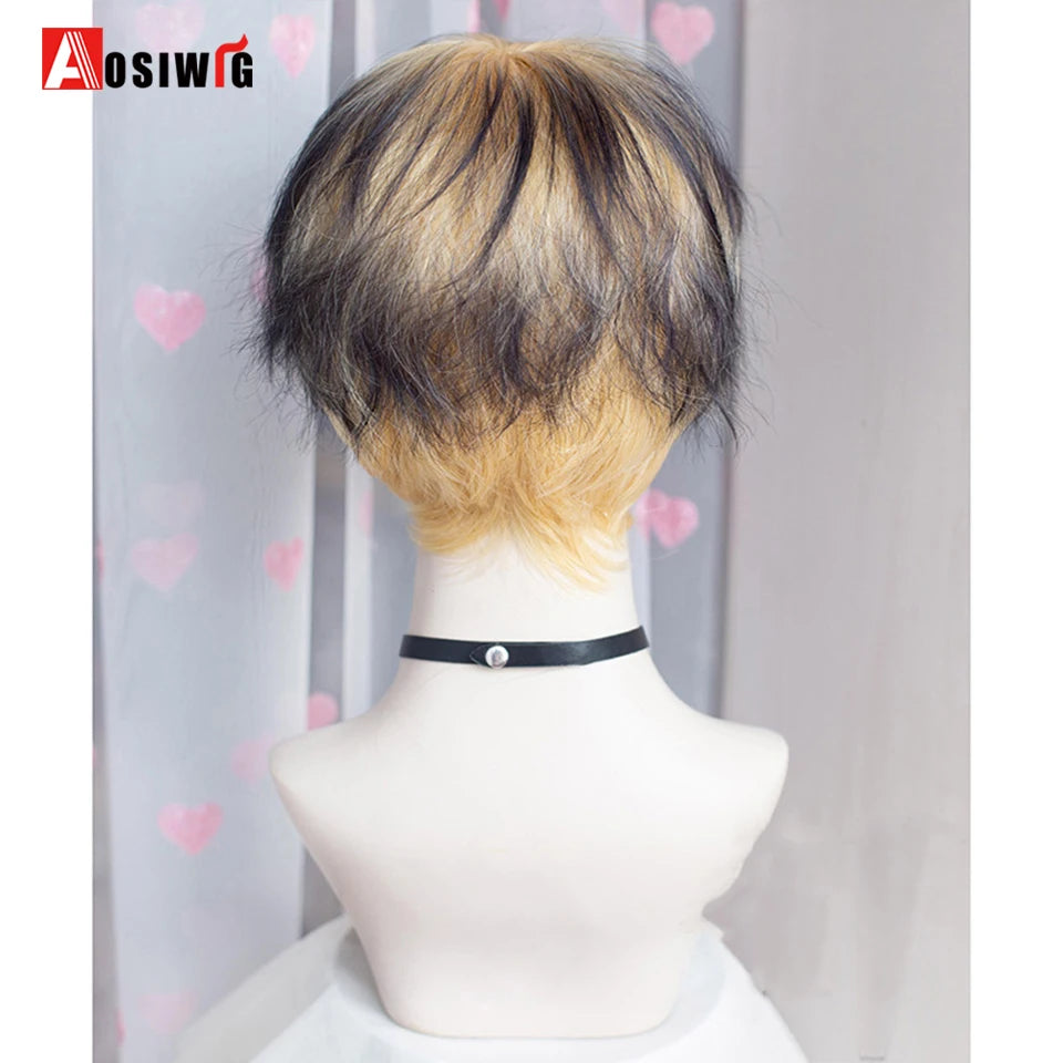 AOSIWIG  Short Curly Cosplay Men Boy Party Light Yellow Synthetic Heat Resistant Hair Wigs Men's Breathable Wig