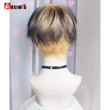 AOSIWIG  Short Curly Cosplay Men Boy Party Light Yellow Synthetic Heat Resistant Hair Wigs Men's Breathable Wig