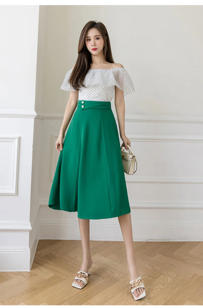 Women's Skirts High Waist Sweet Girl's Mid-calf Skirt Solid Skirts for Women Vintage Long Fashion 2023 Kawaii Summer Women Skirt