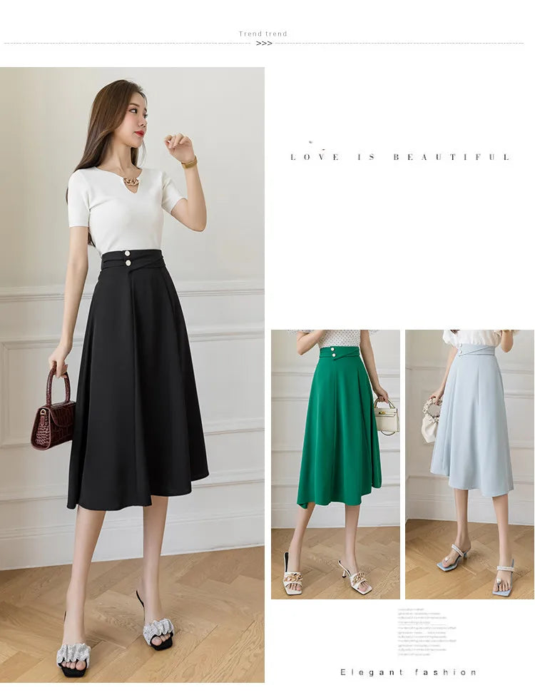 Women's Skirts High Waist Sweet Girl's Mid-calf Skirt Solid Skirts for Women Vintage Long Fashion 2023 Kawaii Summer Women Skirt