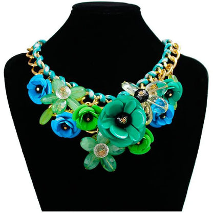 Womens Necklace Colorful Flowers Woven Short Collarbone Chain