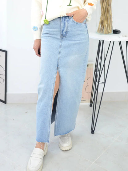 MiuKoMiYa Long Denim Skirts For Women Maxi Spring 2025 Black Front Slit Jean Skirts Womens Long Streetwear Blue Skirt Denim Maxi