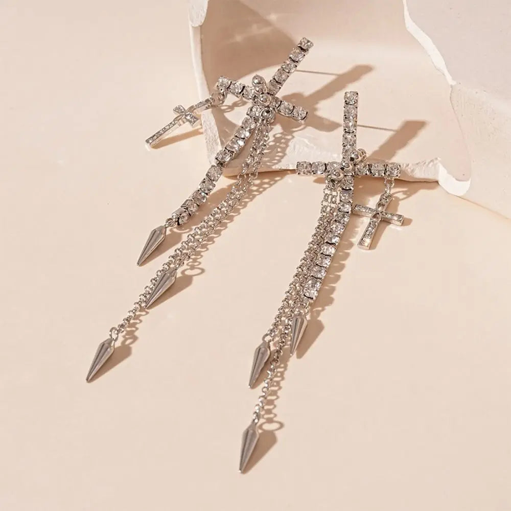 Inlaid Rhinestones Cross Earrings Exquisite Fashion Long Tassels Dangle Earrings Exaggerate Temperament Ear Stud Girls