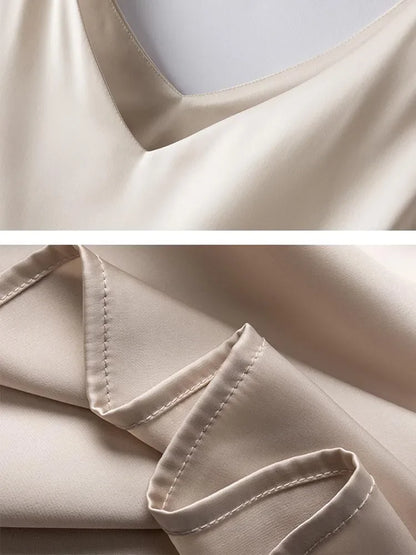 Woman T-shirts Elegant SILK Satin Blouse Sleeveless Female Summer 2023 Casual Loose Tanks and Camis Solid Green Tops for Women