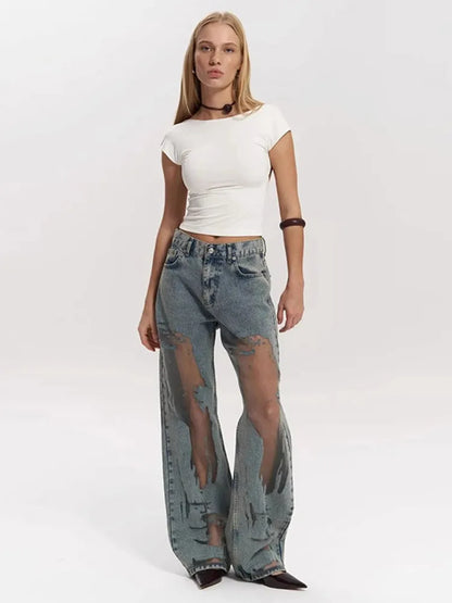 Women's Distressed Ripped Grunge Denim Jeans Gothic Dark High Waist Straight Leg Baggy Pants Trendy Hip Hop Streetwear Trousers