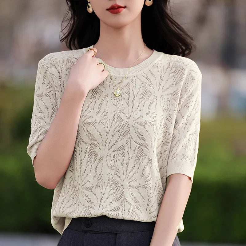 T-shirt Women Tops Summer 2025New Clothing Body O-neck Half Sleeve Tees Shirt  Solid Color Maple Leaf Pattern Casual Fashion Top