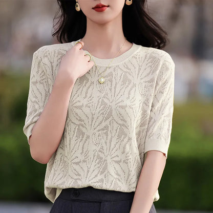 T-shirt Women Tops Summer 2025New Clothing Body O-neck Half Sleeve Tees Shirt  Solid Color Maple Leaf Pattern Casual Fashion Top