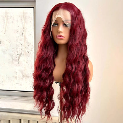 Burgundy Long Curly Wavy Red Wig Synthetic Middle Part Loose Deep Natural Wave 13X4 Wine Red Wigs for Women Daily Party Cosplay