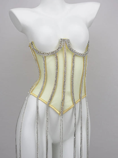 Women Tunic Bras In Waist Corset Tops Fashion Diamond Luxury Diamond Tassel Corset Slim Vest Sexy Tmesh Sheer Top Female 2025
