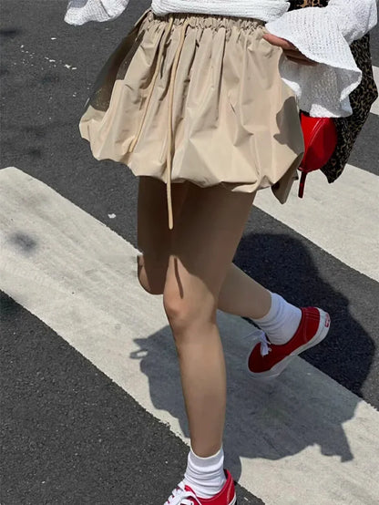 Ropa Skirts for Women 2025 Mini Black White Korean Style Jupe Faldas Mujer Elastic Waist Retro Khaki Drawstring Flower Bud Skirt