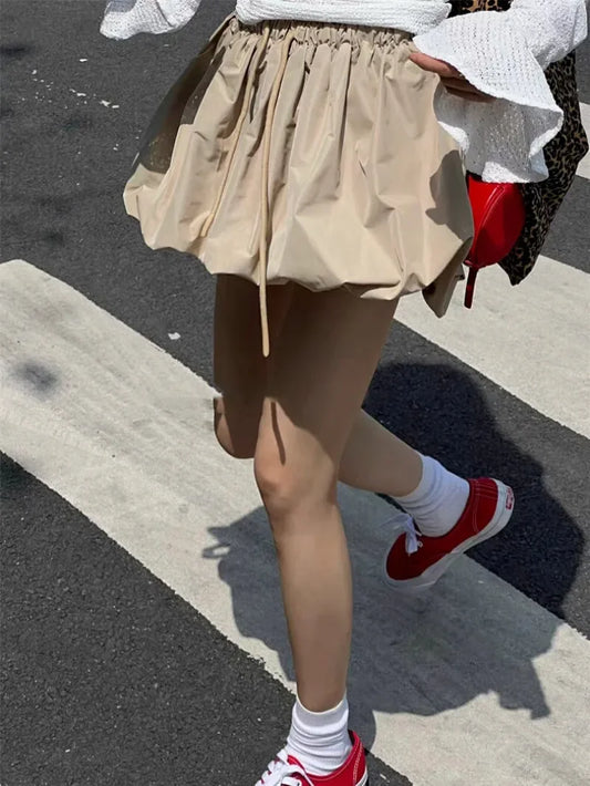 Ropa Skirts for Women 2025 Mini Black White Korean Style Jupe Faldas Mujer Elastic Waist Retro Khaki Drawstring Flower Bud Skirt