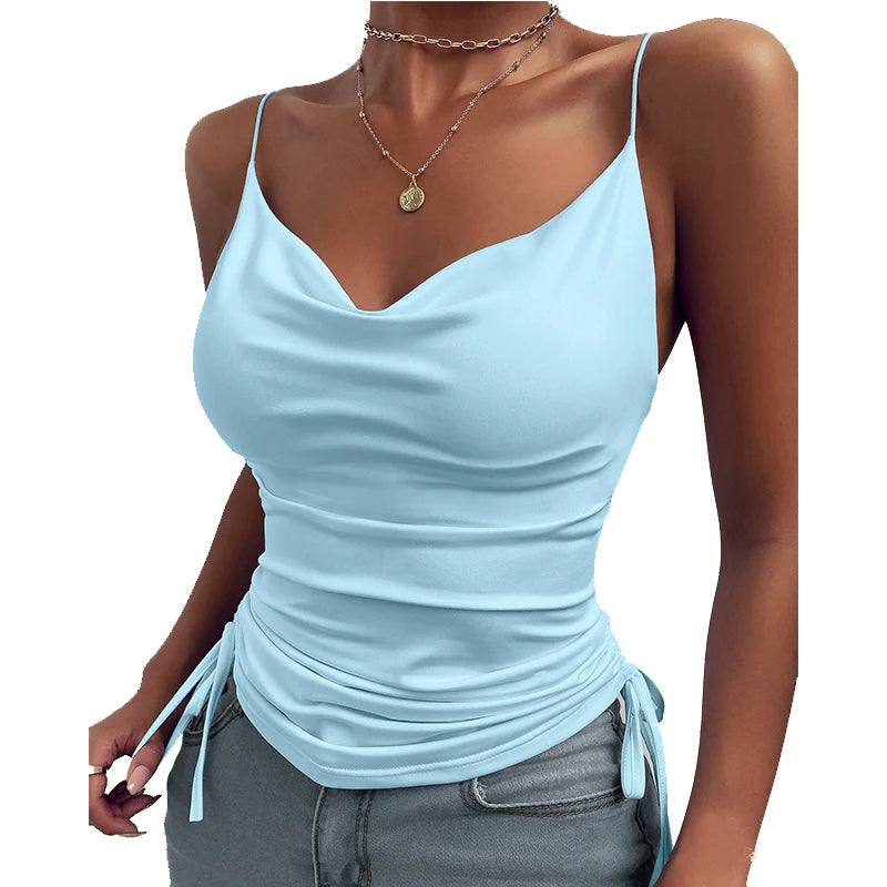 Women Tank Top V Neck Camisole Cami Drawstring Spaghetti Strap Top Loose Sleeveless Blouses Tank Shirt Summer Crop Top