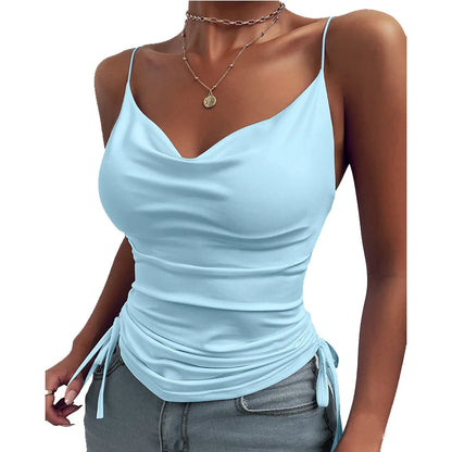 Women Tank Top V Neck Camisole Cami Drawstring Spaghetti Strap Top Loose Sleeveless Blouses Tank Shirt Summer Crop Top