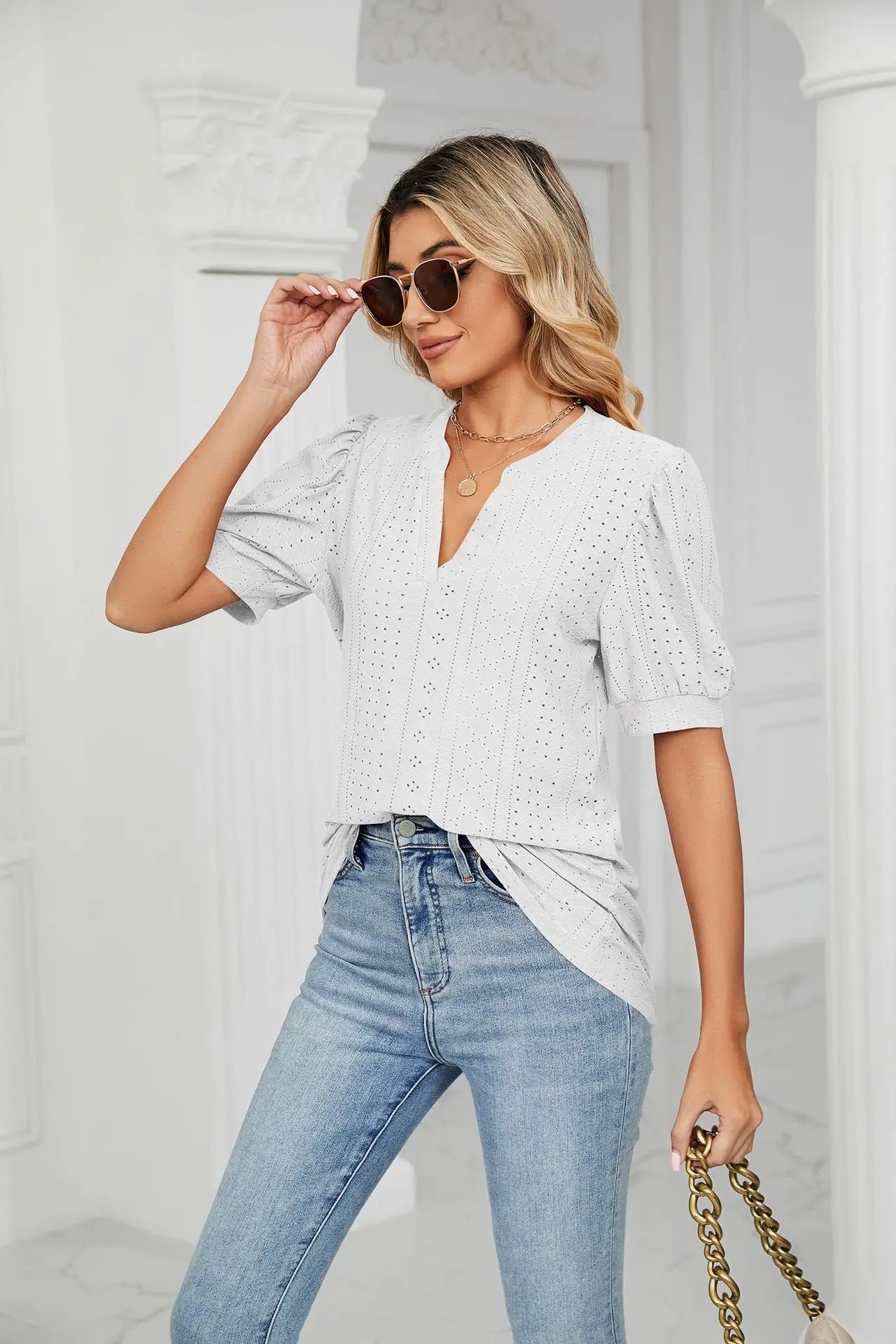 Womens Tops V Neck Ruffle Sleeve Blouses Short Sleeve Casual Tops T-Shirts for Women Autumn Winter
