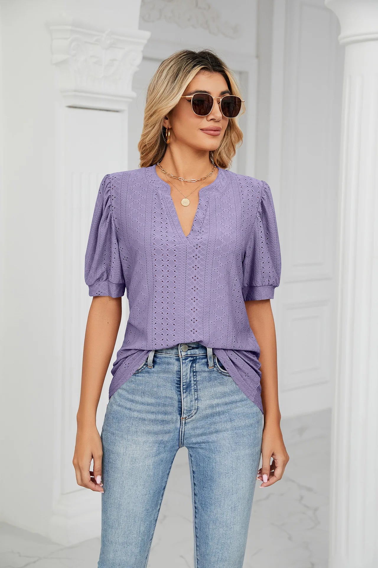 Womens Tops V Neck Ruffle Sleeve Blouses Short Sleeve Casual Tops T-Shirts for Women Autumn Winter
