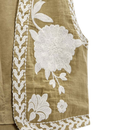 Women Vintage Embroidered Crop Vest Top Y2K Boho Floral Sleeveless Open Front Cardigan Flower Linen Vest Waistcoat Gilet Outwear