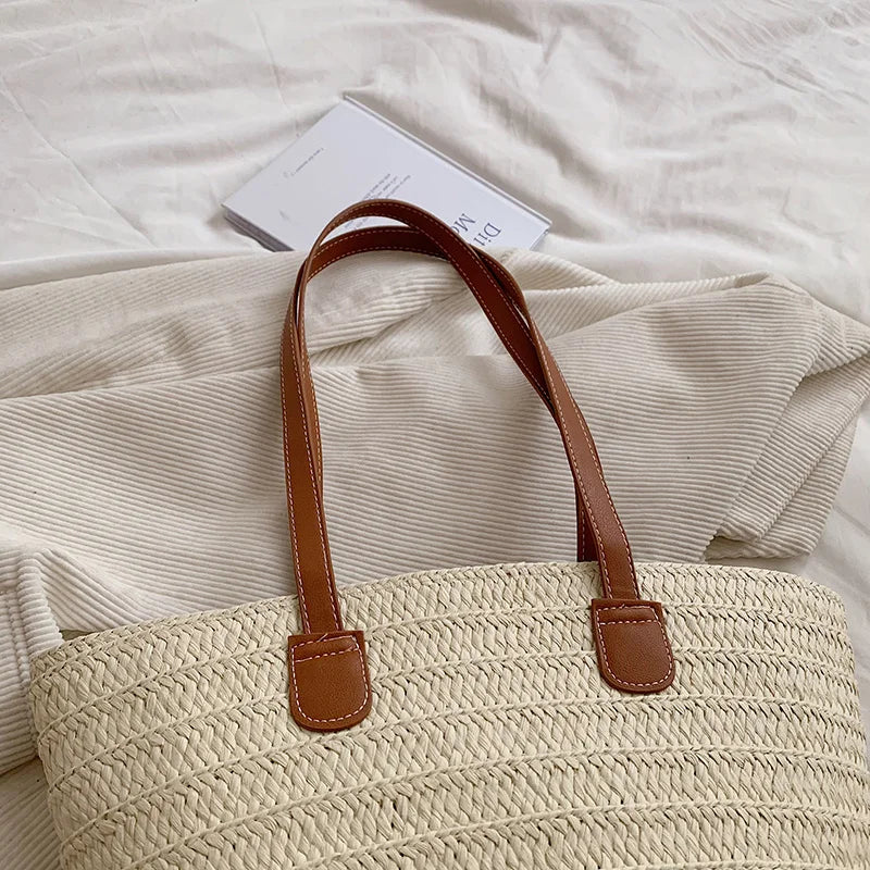 Women Braided Basket Clutches Top-handle Bag Large Straw Portable Shoulder Bag Summer Beach Party Purses Shopper Satchel Female