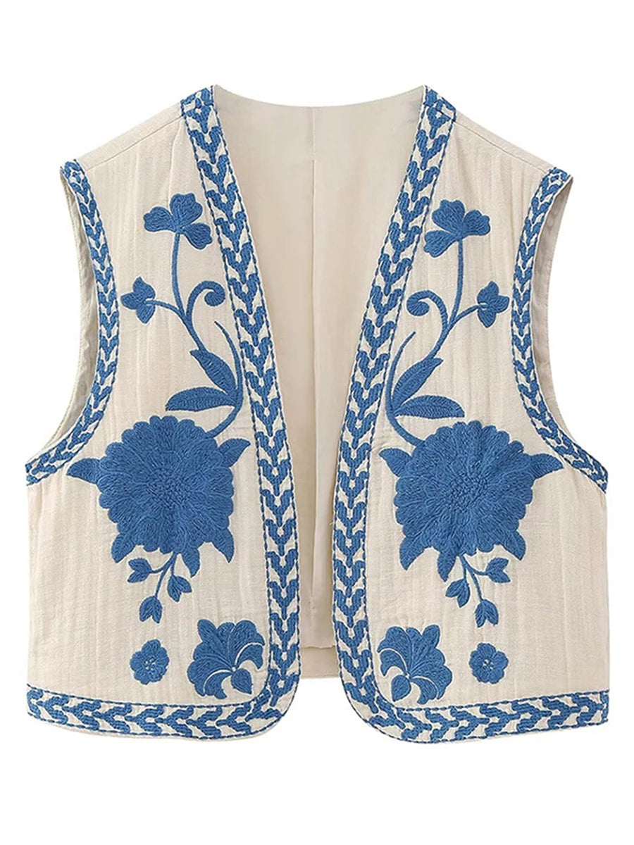 Women Vintage Embroidered Crop Vest Top Y2K Boho Floral Sleeveless Open Front Cardigan Flower Linen Vest Waistcoat Gilet Outwear