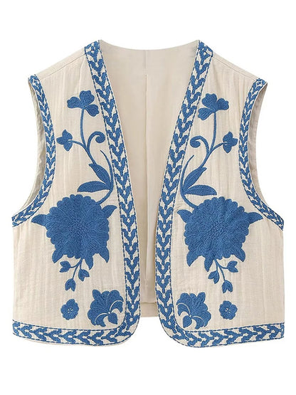 Women Vintage Embroidered Crop Vest Top Y2K Boho Floral Sleeveless Open Front Cardigan Flower Linen Vest Waistcoat Gilet Outwear