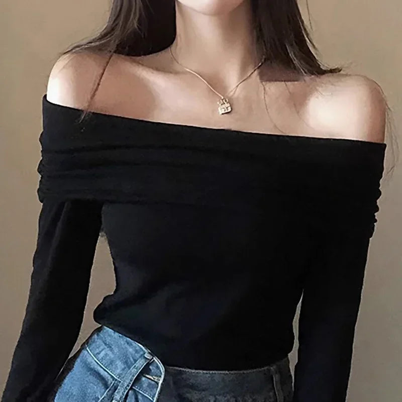 Women Sexy Tops Off Shoulder Long Sleeve Knitted T-shirt Solid Elegant Autumn Winter New Spicy Girl Slim Fit Short Red Crop Top