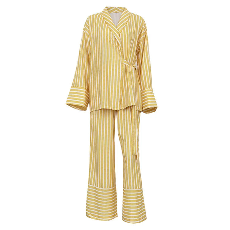 Women's Dress Sets Autumn New Striped Long-sleeved Loose Lace-up Top High-waisted Trousers Fashion Casual Suit for Women