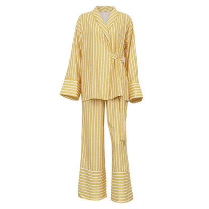 Women's Dress Sets Autumn New Striped Long-sleeved Loose Lace-up Top High-waisted Trousers Fashion Casual Suit for Women