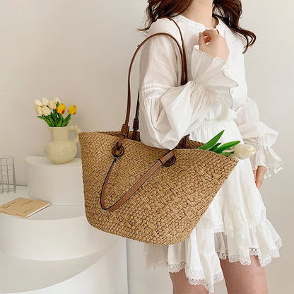 Women Woven Tote Bag Simple Woven Handbag Large Capacity Stylish Weaving Bag Tote Clutch Bags Chic Hobo Bag for Party Vacation