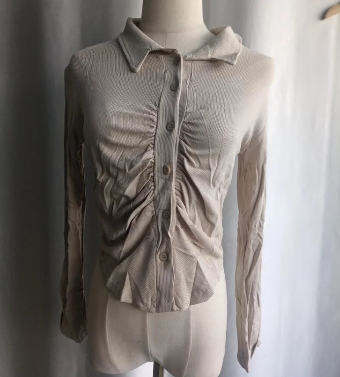 White Blouse for Women Turndown Collar Tunic Folds Temperament Crop Tops 2025 Blusas Mujer De Moda Fashion Sexy Shirts Blouses