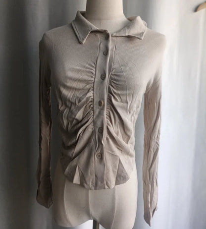 White Blouse for Women Turndown Collar Tunic Folds Temperament Crop Tops 2025 Blusas Mujer De Moda Fashion Sexy Shirts Blouses