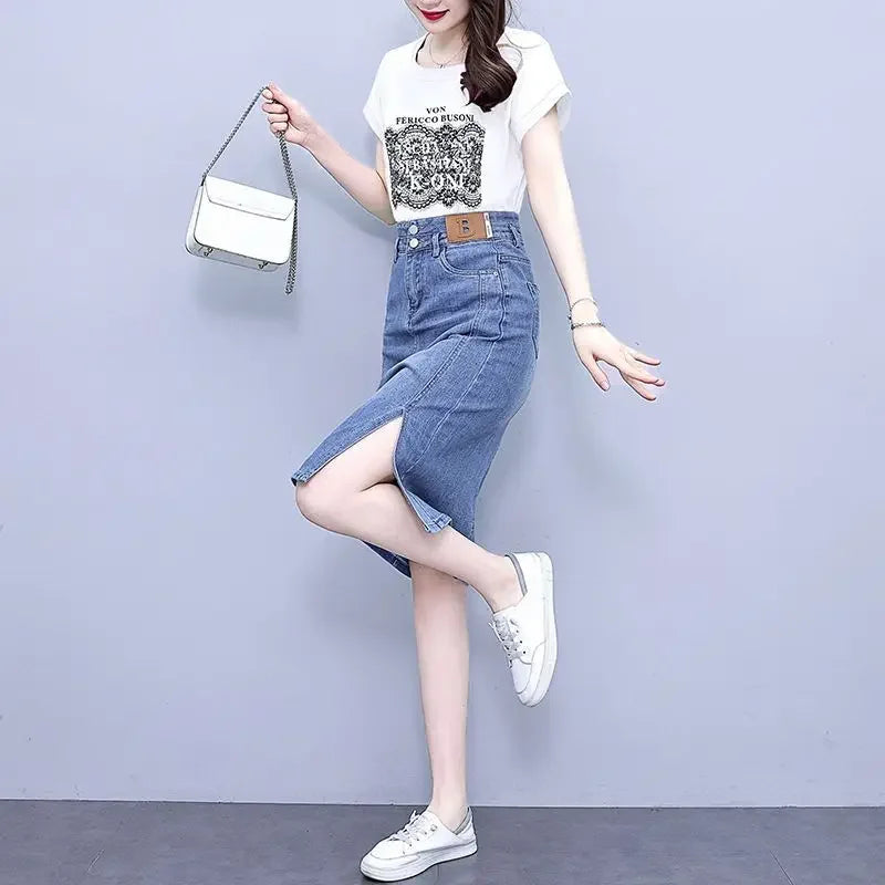 Jeans Skirts for Women Woman Denim Skirt High Waist Midi Maxi Long with Pocket Slit Chubby Modest Quality Luxury Elegant Stylish