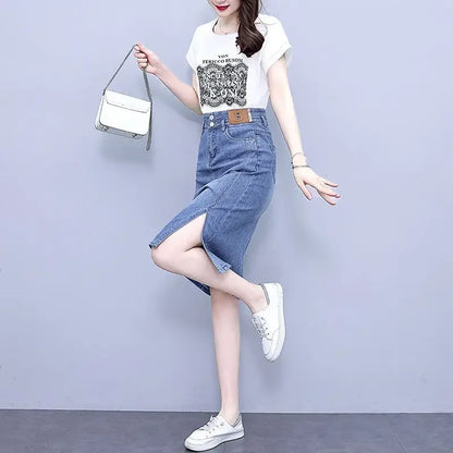 Jeans Skirts for Women Woman Denim Skirt High Waist Midi Maxi Long with Pocket Slit Chubby Modest Quality Luxury Elegant Stylish