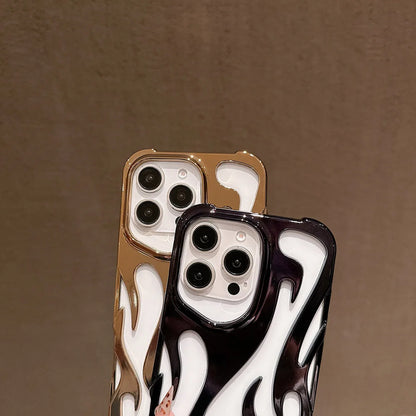 Fashion Plating 3D Hollowed Flame Phone Case For iPhone 16 15 14 13 12 11 Pro Max Fundas Creative Electroplated Soft Back Cover