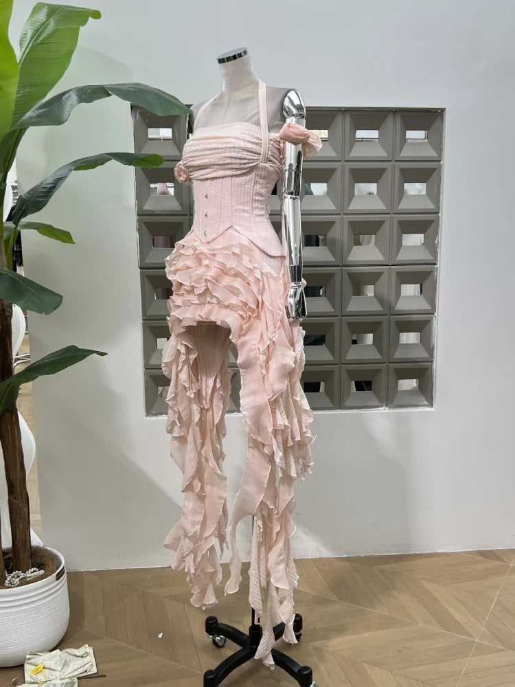 Women Ruffles Draped Dress Three Piece Sets Sexy Halter Neck Folds Ruffled Dress+Lace-up Corset Top+Shorts Suits Party Cocktail