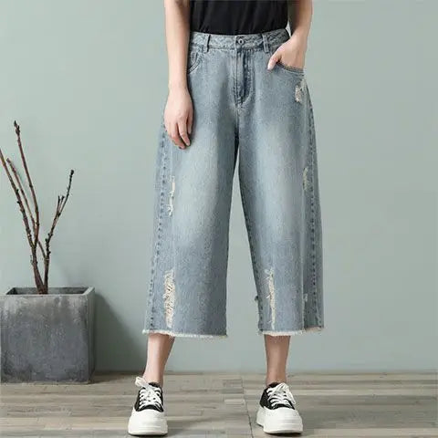 Ripped Jeans Woman Calf-Length Pants Women's Wide Legs Loose Thin Summer Retro Denim High Waist Baggy Korean Fashion Clothes New