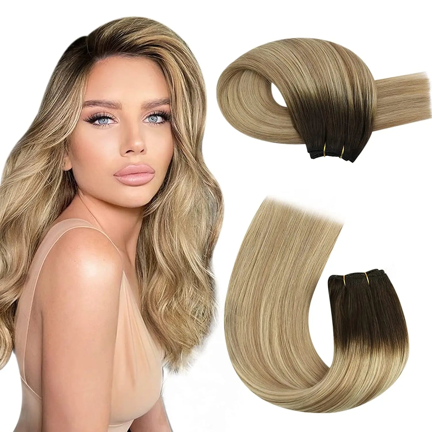 Moresoo Human Hair Bundles Weave in Double Wefted Machine Remy Hair Balayage Hair Pieces for Women Straight Weft Hair Extension