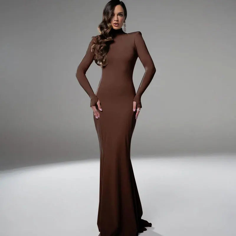 Women's Dresses Autumn Winter New Sexy Solid Backless Elegant Dress Streetwear Fashion Casual Slim Turtleneck Long Sleeves Dress