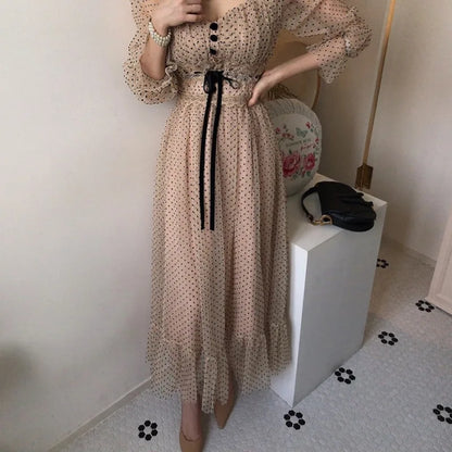 Women Clothing Vestidos Vintage Dress Elegant Square Neck High Waisted Lace Organza Polka Dot Dresses Chic Summer 2025 Slim