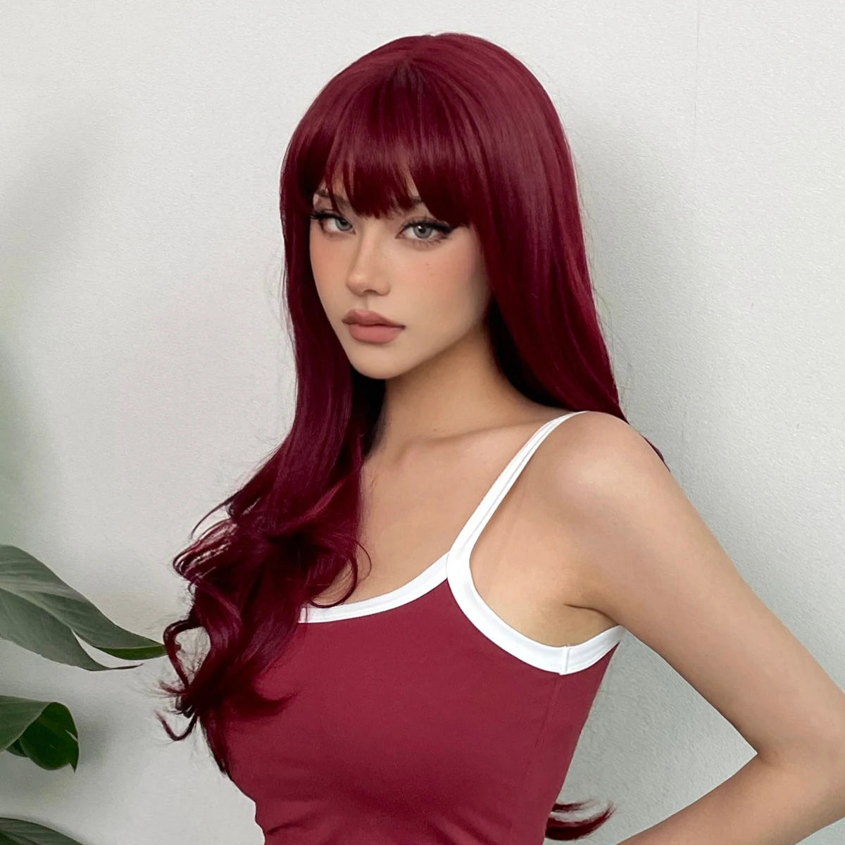 HENRY MARGU Burgundy Long Wavy Wigs Wine Red Wig with Bangs for Women Daily Synthetic Hair Cosplay Wig Heat Resistant Fiber