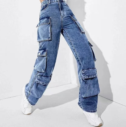 Women's Jeans Trousers 2025 Autumn Winter Latest High Waisted Flip Pants Loose Fit Pants Denim Multi Pocket Pants Long Pants